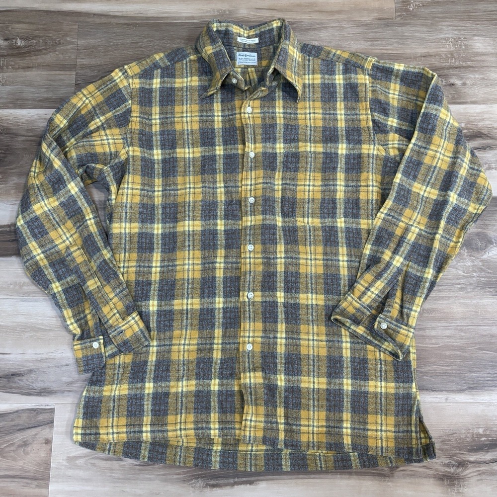 Vintage B Altman Wool Flannel Shirt Yellow Plaid Men's L New York 1950s 1960s